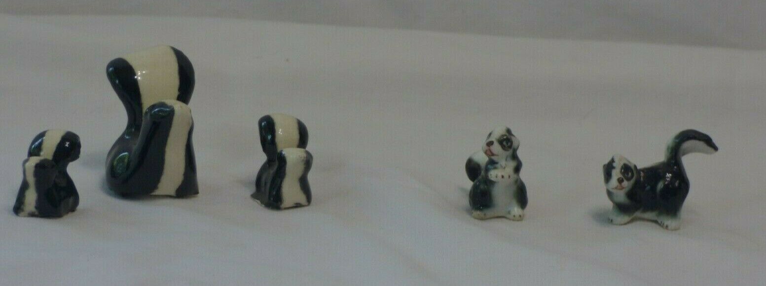 5 Vintage Little Miniature Skunk Porcelain Figurines - 1" To 1  1/2" In Nice Con